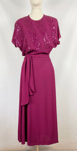 1940s Raspberry Pink Beaded and Sequined Crepe Evening Dress - Bust 34 35 36