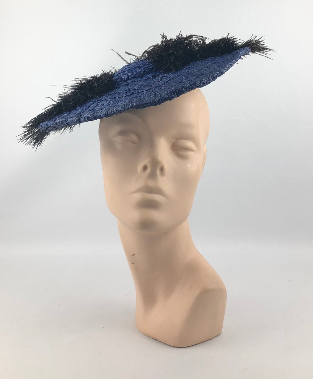 1940s Royal Blue Straw Hat with Black Ostrich Feather Trim