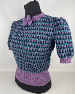 Reproduction 1940's Waffle Stripe Jumper in Purple, Teal and Navy Knitted from a Wartime Pattern - B 36 38 40