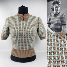 Load image into Gallery viewer, Reproduction 1940&#39;s Waffle Stripe Jumper Mocha and Duck Egg Blue Knitted from a Wartime Pattern - B 36 37 38 39 40

