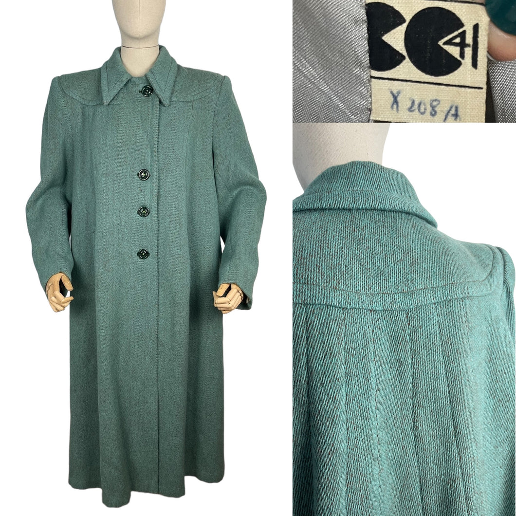 Original 1940’s CC41 True Volup Wartime Coat in Turquoise and Brown Tweed - Bust 44 46