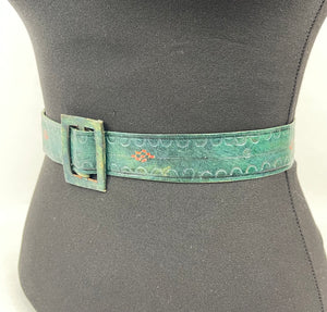 Original 1930s Dark Green Embossed Leather Belt - Waist 25 26 27 28