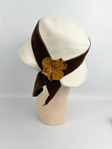 Original 1930's Cream Felt Hat with Warm Brown Velvet and Floral Trim