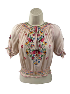 Original 1930’s Hungarian Embroidered Blouse in Pale Pink Crepe - Petite