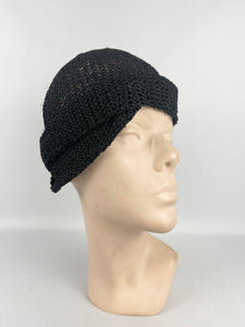 Original 1920s Black Cloche in Fine Crochet - Sunson Labelled Vintage Hat