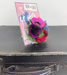 1940's Felt Flower Anemone Corsage - Pretty Wartime Posy Brooch - Red, Pink, Mauve and Purple