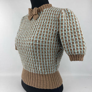 Reproduction 1940's Waffle Stripe Jumper Mocha and Duck Egg Blue Knitted from a Wartime Pattern - B 36 37 38 39 40