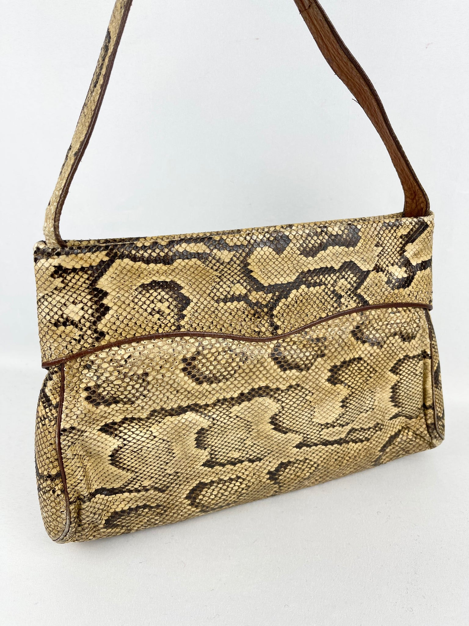 Original 1930 s Cream and Brown Snakeskin Bag Wounded But Useable