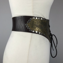 Load image into Gallery viewer, Original Vintage Brown Leather and Metal Laced Waist Cincher Belt - Steam Punk - Waist 27&quot;
