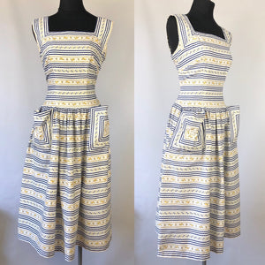 1950s Blue and White Stripe Floral Dress - B36