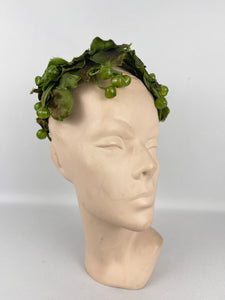 Original 1950's Green Grapes and Vine Leaves Half Hat with Bow Trim *