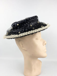1940s Blue Black and White Hat with Veil