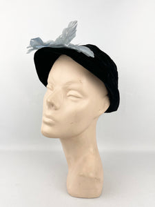 1930s Black Velvet Hat with Ice Blue Feather Trim and Bow