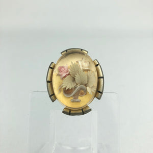 Original 1950s Reverse Carved Lucite Brooch with Pink and White Roses in a Vase with Metal Frame