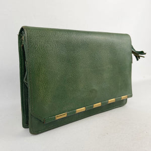 Original 1930's 1940's Green Leather Clutch Bag with Gold-Tone Accents