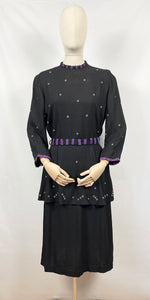 Original Late 1930s or Early 1940s Black Crepe Tunic Dress with Metal Trim - Bust 38 40