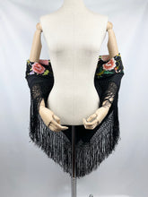 Load image into Gallery viewer, Beautiful Original 1920&#39;s 1930&#39;s Black Crepe Piano Shawl with Bold Floral Silk Embroidery and Broad

