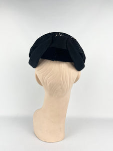 Original 1950s Black Felt Beaded Hat with Paste Decoration
