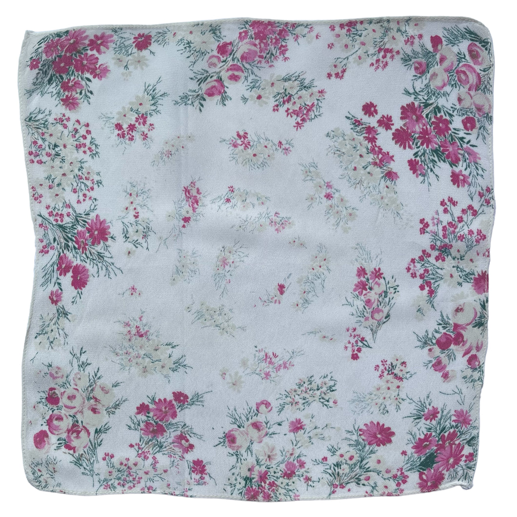 Original 1940's or 1950's Floral Silk Crepe Hankie in Soft Pink and White - Great Gift Idea