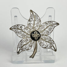 Load image into Gallery viewer, Vintage Filigree Work Leaf Brooch with Black Button Centre
