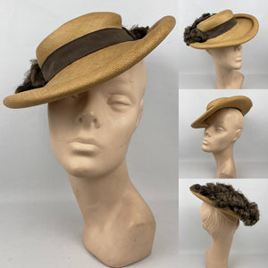 Original 1940s Natural Straw Hat with Warm Chocolate Brown Fringed Trim - AS IS