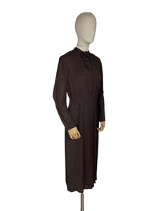 Original 1930's Dark Brown Floppy Long Sleeved Day Dress with Button Neck and Bow - Bust 38