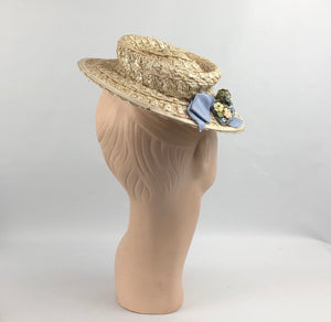 1940's Cream Lacquered Frances Adams Raffia Hat with Pale Blue Floral Trim *