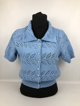 Load image into Gallery viewer, Original 1940s Cornflower Blue Lace Knit Cardigan with Glass Buttons - Bust 36
