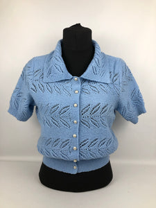 Original 1940s Cornflower Blue Lace Knit Cardigan with Glass Buttons - Bust 36