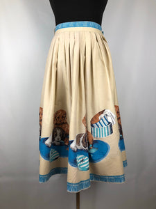 1950s Novelty Print Puppy and Hat Border Print Skirt - Waist 23" 24" - Charming Piece