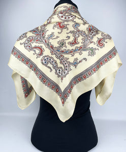 Original Vintage Artificial Silk Scarf in Red, Blue, Cream and Black - Great Headscarf of Turban