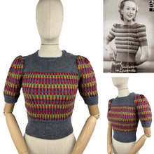 Load image into Gallery viewer, Reproduction 1940’s Hand Knitted Striped Jumper in Grey, Mustard, Purple, Green and Red - Bust 32 34 36
