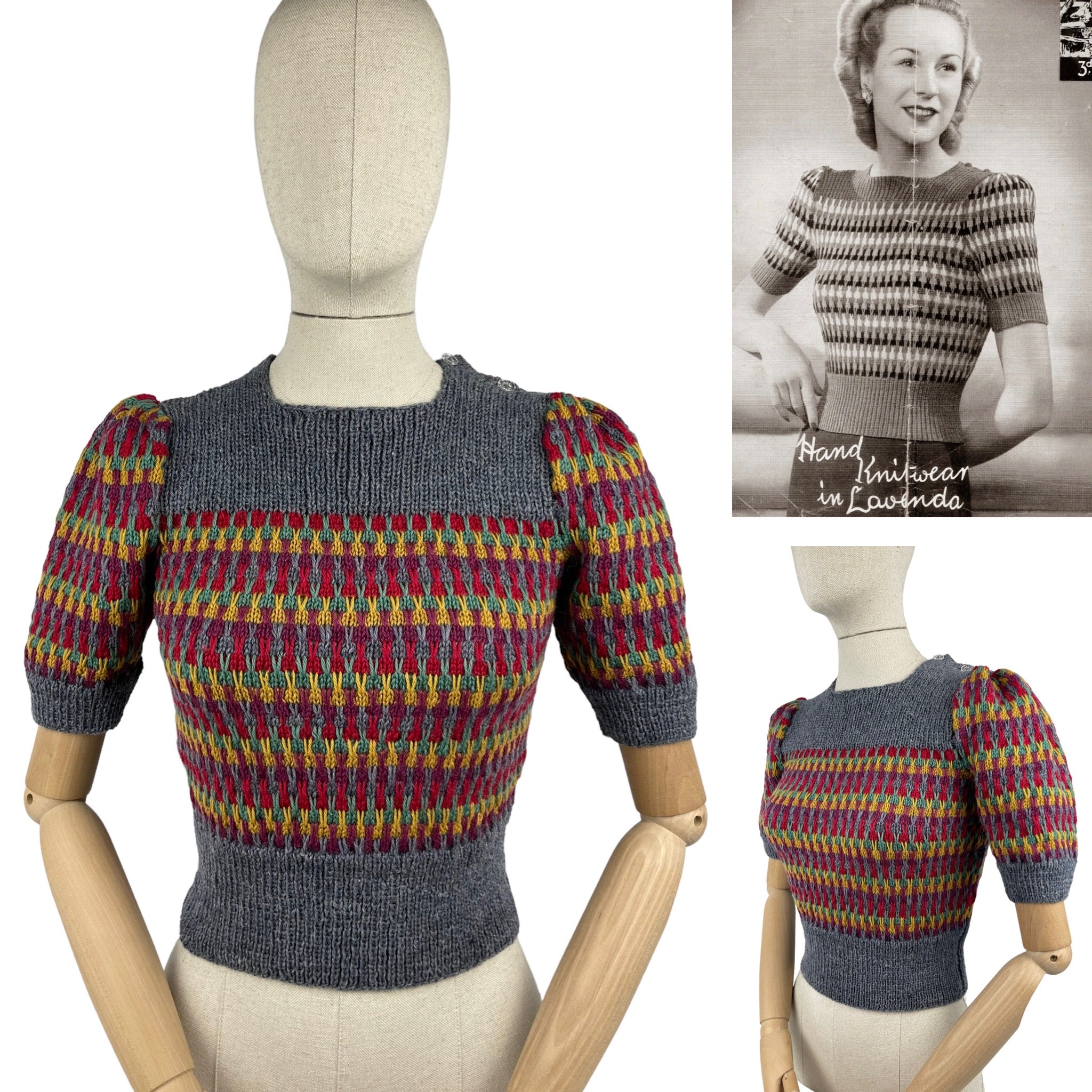 Reproduction 1940’s Hand Knitted Striped Jumper in Grey, Mustard, Purple, Green and Red Bust 32 34 36