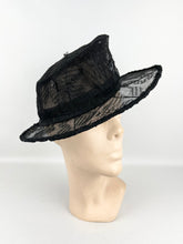 Load image into Gallery viewer, Original 1940s Black Lace Hat with Wire Frame and Bow Trim
