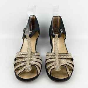 Original 1940's Black Wedges with Fabulous Gold Glitter Straps - UK 5.5 6