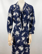 Load image into Gallery viewer, Original 1930s Navy and White Silk Volup Floral Print Dress with Bow Tie Neck - Bust 40 42
