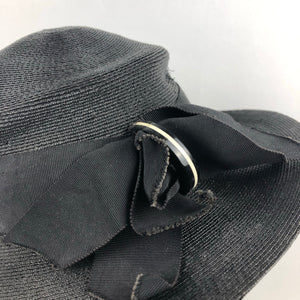 1930s Black Straw Hat with White Celluloid Trim