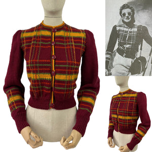 Late 1930's Reproduction Hand Knitted Long Sleeved Ski Jacket in Bordeaux, Amber, Terracotta and Bayleaf Green Pure Wool  - Bust 36