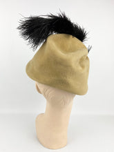 Load image into Gallery viewer, Original 1930s Taupe Felt &quot;Fez&quot; Hat with Black Ostrich Feather Trim
