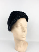 Load image into Gallery viewer, Original 1950s Inky Black Felt Skull Cap with Glass Beads - Lovely Vintage Hat
