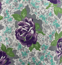 Load image into Gallery viewer, As Is 1940&#39;s Reproduction Floral Print Blouse with Large Purple Roses and Tiny Glass Buttons Made From an Original 1940&#39;s Feed Sack - Bust 34&quot; 35&quot; 36&quot;
