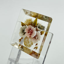 Load image into Gallery viewer, Original 1940s 1950s Reverse Carved Square Shaped Lucite Brooch with a Cluster Flowers in a Vase
