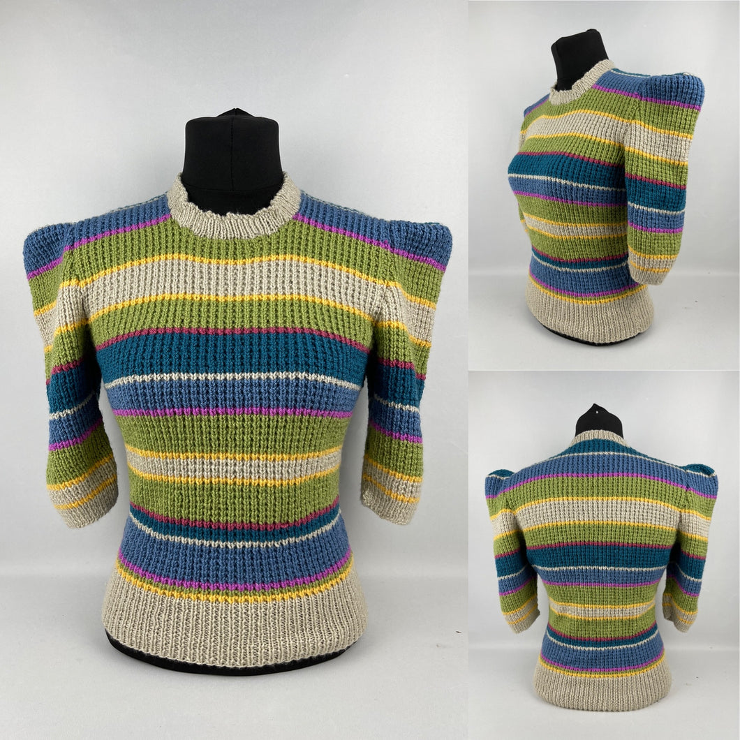 REPRODUCTION 1940s Hand Knitted Jumper in Smart Stripes - Bust 38 40 42 44