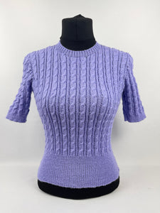 Reproduction 1940s Rib and Cable Knit Jumper in Lavender Acrylic - Bust 33 34