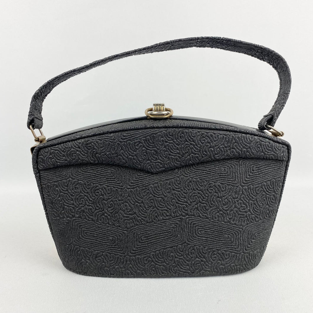 Original 1940s Black Embossed Plastic Box Bag Made to Look Like Corde