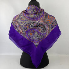 Load image into Gallery viewer, Original 1940&#39;s Pure Silk Scarf in Cadbury Purple with Bold Paisley Print
