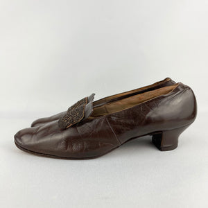 Original 1920s or 1930s Brown Leather Shoes with Beaded Trim - UK Size 6 6.5