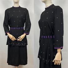 Load image into Gallery viewer, Original Late 1930s or Early 1940s Black Crepe Tunic Dress with Metal Trim - Bust 38 40
