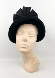 Original 1940s Inky Black Fur Felt Hat with Rosette Trim and Net Detail