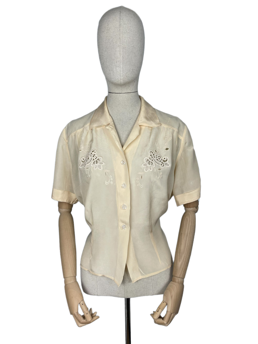 Original 1940's Cream Rayon Blouse with Embroidery - Make Do and Mend - Bust 40 42